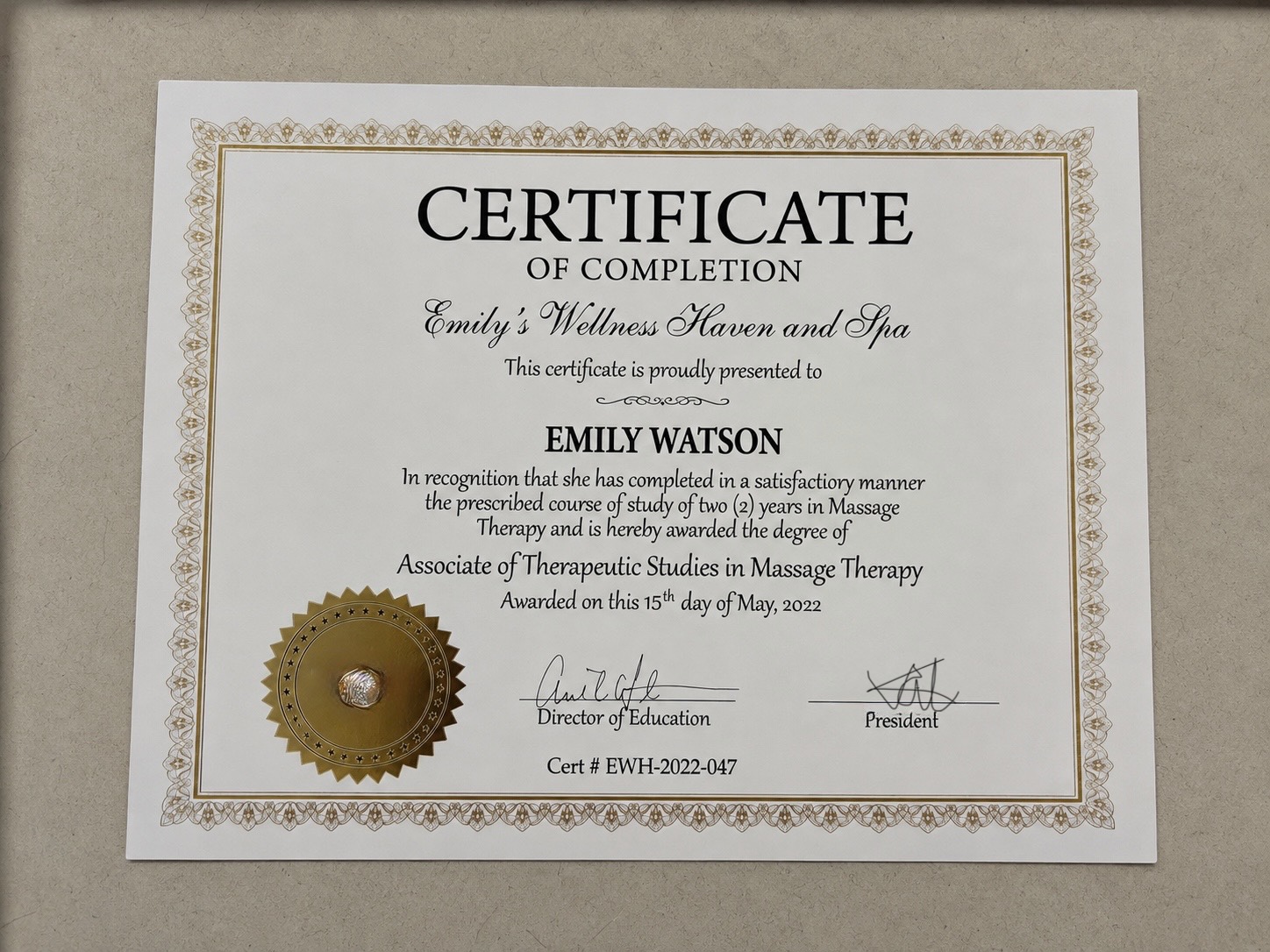 Certificate of Recognition for Emily’s Wellness Haven & Spa
